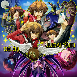  1other 6+boys age_progression armor brown_hair building card dark_persona dated duel_academy_uniform_(yu-gi-oh!_gx) duel_monster elemental_hero_neos evil_grin evil_smile full_armor glowing glowing_eyes grin hair_between_eyes happy_birthday helmet holding holding_card jacket light_brown_hair lolicon long_sleeves looking_at_viewer male_focus multicolored_hair multiple_boys neo-spacian_aqua_dolphin open_clothes open_jacket raijin-bh red_jacket school_uniform short_hair sidelocks skyscraper smile sparkle split-color_hair spread_wings supreme_king_(yu-gi-oh!_gx) two-tone_hair vector_(yu-gi-oh!) waving winged_kuriboh yellow_eyes yu-gi-oh! yu-gi-oh!_gx yu-gi-oh!_zexal yubel yuki_judai 