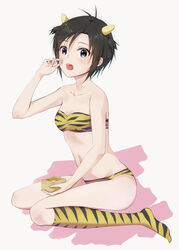  animal_print antenna_hair bandeau bare_shoulders beans bikini black_eyes black_hair black_hairband breasts collarbone commentary cosplay cup eating female food full_body hairband highres holding holding_cup holding_food horns idolmaster idolmaster_(classic) idolmaster_2 kikuchi_makoto kneehighs looking_at_viewer lum lum_(cosplay) midriff mogskg navel open_mouth pink_background short_hair sitting small_breasts socks solo strapless strapless_bikini swimsuit tiger_print two_side_up urusei_yatsura very_short_hair wariza white_background yellow_bikini yellow_socks 