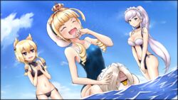  4girls absurdres axelsworks azur_lane beach belfast_(azur_lane) bikini black_bikini blonde_hair blue_one-piece_swimsuit blue_sky braid breasts broken broken_chain carrying chains closed_eyes crown day french_braid hair_ears hair_over_one_eye highres large_breasts long_hair maid_headdress medium_breasts mini_crown multiple_girls navel ocean one-piece_swimsuit open_mouth outdoors ponytail purple_eyes queen_elizabeth_(azur_lane) sand school_swimsuit sheffield_(azur_lane) sky small_breasts smile swimsuit warspite_(azur_lane) water white_hair yellow_eyes 