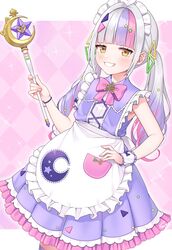  absurdres apron blush brooch commentary_request female frills grey_hair grin hair_ornament highres holding holding_wand hololive jewelry long_hair looking_at_viewer maid maid_apron maid_headdress multicolored_hair murasaki_shion murasaki_shion_(magical_girl_maid) official_alternate_costume orange_eyes pink_hair purple_hair smile solo star_(symbol) star_brooch star_hair_ornament thighhighs tomozu twintails virtual_youtuber wand 