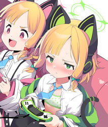  2girls absurdres animal_ear_headphones animal_ears black_thighhighs blonde_hair blue_archive blue_necktie blunt_bangs blush bow bra cat_ear_headphones closed_mouth controller couch dress_shirt fake_animal_ears flat_chest game_controller green_bow green_bra green_eyes hairbow halo headphones highres holding holding_controller holding_game_controller jacket kandori midori_(blue_archive) momoi_(blue_archive) multiple_girls necktie open_clothes open_mouth open_shirt playing_games red_bow red_eyes school_uniform shirt short_hair siblings sisters sitting sweat tail thighhighs twins underwear v-shaped_eyebrows 