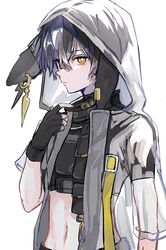  1boy animal_ears arknights asymmetrical_sleeves ayerscarpe_(arknights) bandaid bandaid_on_face bandaid_on_nose black_gloves black_hair black_shirt bright_pupils closed_mouth commentary crop_top ear_piercing expressionless fingerless_gloves gawako gloves hand_up highres hood hood_up hooded_jacket jacket looking_at_viewer male_focus midriff navel orange_eyes piercing rabbit_ears see-through see-through_jacket shirt short_hair short_sleeves solo upper_body white_pupils 