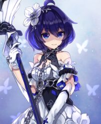  antenna_hair bad_id bad_pixiv_id bare_shoulders blue_eyes blue_hair butterfly_background chabatake chains closed_mouth commentary_request dress female flower gloves hair_between_eyes hair_flower hair_ornament holding holding_weapon honkai_(series) honkai_impact_3rd looking_at_viewer partial_commentary scythe seele_vollerei seele_vollerei_(stygian_nymph) shaded_face short_hair sleeveless sleeveless_dress smile solo weapon white_dress white_flower white_gloves 