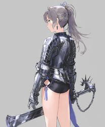  armor blue_eyes blue_ribbon bow closed_mouth earrings female grey_background grey_hair hair_ornament hair_ribbon hairbow hairclip highres hirooka_masaki holding holding_weapon jewelry long_hair looking_at_viewer original panties ponytail ribbon standing sword underwear weapon 