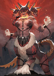  :d abs absurdres animal_ears bad_id bad_pixiv_id black_collar black_sclera breasts brown_hair centauroid cerberus chains claws cleavage closed_mouth collar colored_sclera commentary commission cuffs dark-skinned_female dark_skin disembodied_head dog_ears dullahan female flaming_eye fur_collar hair_between_eyes highres looking_at_viewer medium_breasts monster_girl multiple_heads muscular muscular_female open_mouth orange_eyes original pentagram shackles sharp_teeth short_hair sidelocks skeb_commission slit_pupils smile spiked_collar spikes standing stomach sumosamo tail tattoo taur teeth tongue tongue_out 