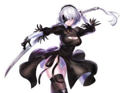  2b_(nier:automata) black_dress blindfold boots breasts cleavage_cutout clothing_cutout commentary_request dress feather_trim female gloves gyoza_(pi512126) hairband highleg highleg_leotard highres holding holding_sword holding_weapon katana leotard leotard_under_clothes lips long_sleeves medium_breasts mole mole_under_mouth nier:automata nier_(series) parted_lips puffy_sleeves short_dress short_hair solo sword thigh_boots thighhighs thighs turtleneck weapon white_background white_hair 