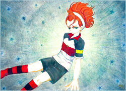  1boy black_eyes black_shorts feet_out_of_frame hiyodoribbon inazuma_eleven_(series) inazuma_eleven_go kita_ichiban male_focus multicolored_shirt red_hair short_sleeves shorts socks solo striped_clothes striped_socks traditional_media 