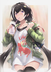  animal_print backpack bag black_hair black_thighhighs cat_hair_ornament cat_print clothes_writing commentary_request cup disposable_cup dress drinking_straw female green_jacket hair_between_eyes hair_ornament hair_ribbon hairclip holding holding_cup hood hood_down hooded_jacket jacket karyl_(princess_connect!) karyl_(real)_(princess_connect!) long_hair long_shirt long_sleeves low_twintails multicolored_hair open_clothes open_jacket parfaitlate parted_lips princess_connect! print_dress purple_eyes red_ribbon ribbon sleeveless sleeveless_dress sleeves_past_wrists solo star_(symbol) streaked_hair thighhighs twintails very_long_hair white_dress white_hair 