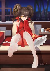  artist_name breasts brown_hair china_dress chinese_clothes double_bun dress feet female full_body girls&#039;_frontline hair_bun hair_ribbon hebai_xiaochuan highres legs long_hair no_shoes official_alternate_costume orange_eyes red_dress ribbon sitting small_breasts soles solo thighhighs toes type_97_(girls&#039;_frontline) type_97_(peony)_(girls&#039;_frontline) white_thighhighs wide_sleeves 