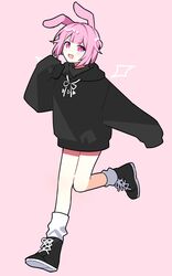  :d black_footwear black_hoodie commentary demon_wings drawn_wings drawstring female full_body highres hood hood_down hoodie looking_at_viewer loose_socks ootori_emu pink_background pink_eyes pink_hair play_button project_sekai shoes sleeves_past_fingers sleeves_past_wrists smile sneakers socks solo v-shaped_eyebrows waka_(wk4444) white_socks wings 