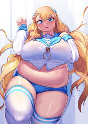  abstract_background absurdres belly blonde_hair blue_eyes blunt_bangs blush braid breasts buruma crop_top dot_nose fat feet_out_of_frame female hair_between_eyes highres huge_breasts korean_commentary last_origin long_hair looking_at_viewer midriff muffin_top navel no_pants obese open_mouth school_uniform serafuku skindentation solo striped_clothes striped_thighhighs tajyador thick_thighs thighhighs thighs underwear undine_(last_origin) very_long_hair white_thighhighs 