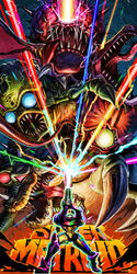  absurdres blue_eyes claws draygon exposed_brain female gravity_suit highres kraid laser_beam metroid mother_brain phantoon red_eyes ridley samus_aran scales sharp_teeth super_metroid teeth tentacle tongue tongue_out wings yasukuni_kazumasa yellow_eyes 