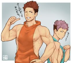  2boys aqua_shirt back bara bare_pectorals bare_shoulders brown_eyes brown_hair closed_mouth jigoku_meguri large_pectorals looking_at_another male_focus multiple_boys muscular muscular_male nipples orange_shirt original pectorals pink_hair shirt short_hair sidepec smile teeth undercut 