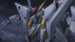  aqua_eyes artist_name flying glowing glowing_eye gundam gundam_hathaway&#039;s_flash highres kreuzer_00 mecha mobile_suit night night_sky no_humans open_hand robot science_fiction sky solo v-fin xi_gundam 