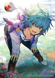  1boy :d aoki_(fumomo) aqua_hair bad_id bad_twitter_id black_pants creature crystal_beast_ruby_carbuncle duel_monster field flower flower_field full_body green_eyes hair_between_eyes highres jacket johan_andersen leaning_forward long_sleeves male_focus open_clothes open_jacket open_mouth pants school_uniform short_hair sidelocks smile solo yu-gi-oh! yu-gi-oh!_gx 