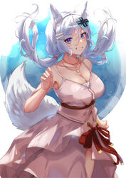  animal_ear_fluff animal_ears bare_shoulders belt blue_eyes breasts brown_belt camisole cleavage collarbone d-pad d-pad_hair_ornament female floating_hair fox_ears fox_girl fox_tail grin hair_between_eyes hair_ornament hairclip highres jewelry large_breasts long_hair looking_at_viewer ltsum meridian_project mizuki_(vtuber) necklace official_alternate_costume pink_camisole pink_skirt skirt skirt_set smile solo spaghetti_strap tail virtual_youtuber white_hair 