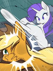  3:4 applejack_(mlp) blonde_hair clothing cowboy_hat cutie_mark duo earth_pony equid equine eyelashes eyeshadow featureless_crotch female feral friendship_is_magic green_eyes hair hasbro hat headgear headwear hi_res hooves horn horse kick long_hair makeup mammal motion_lines my_little_pony mythological_creature mythological_equine mythology noupu1115 one_eye_closed open_mouth orange_body pony purple_eyes purple_hair purple_tail rarity_(mlp) tail unicorn unicorn_horn violence white_body 