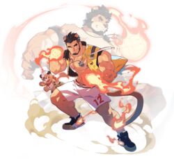  1boy abs alca_(wakatanka4) alca_the_lion animal_ears bara bare_pectorals beard belt black_hair bracelet bulge character_doll chest_hair cropped_jacket extra_ears facial_hair fighting_stance fire flame-tipped_tail flaming_hand full_body grey_shorts gyee highres jacket jewelry large_pectorals lion_boy lion_ears lion_tail looking_to_the_side male_focus manly mature_male muscular muscular_male navel navel_hair necklace nipples official_art open_clothes open_jacket pectorals red_eyes shoes short_hair shorts sneakers stomach tail thick_arms thick_eyebrows thick_thighs thighs third-party_source transparent_background undercut unzipped zixiong_zix 