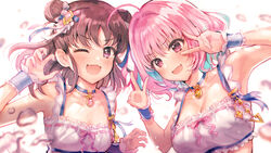  2girls ahoge armpits belt_collar blue_hair blue_ribbon bow breasts claw_pose cleavage collar crop_top double_bun double_v hair_bun hair_ornament idol idolmaster idolmaster_cinderella_girls medium_breasts midriff multicolored_hair multiple_girls munakata_atsumi oerba_yun_fang omisoshiru one_eye_closed open_mouth pink_bow pink_eyes pink_hair pink_ribbon protected_link ribbon shirt short_hair skin_fang small_breasts two-tone_hair v white_background white_ribbon white_shirt wrist_cuffs yumemi_riamu 