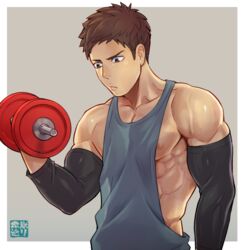  1boy abs bara bare_pectorals biceps brown_eyes brown_hair closed_mouth dumbbell exercising jigoku_meguri large_pectorals male_focus muscular muscular_male nipple_slip nipples original pectorals short_hair sidepec solo tank_top upper_body weightlifting 