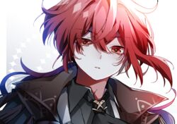  1boy bad_id bad_pixiv_id black_coat coat collared_coat collared_jacket collared_shirt diluc_(genshin_impact) epaulettes genshin_impact hair_between_eyes highres jacket long_hair looking_at_viewer male_focus necktie red_eyes red_hair shirt simple_background solo usako_(usako1031) 