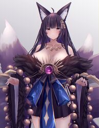  absurdres animal_ears azur_lane black_hair breasts collarbone facial_mark female fox_ears fox_tail fur-trimmed_kimono fur_trim highres japanese_clothes jewelry kimono large_breasts long_hair looking_at_viewer magatama magatama_necklace multiple_tails musashi_(azur_lane) necklace short_kimono tail yuuki_shuri 