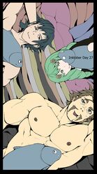  2boys alois_rangeld bara blue_hair brown_hair byleth_(fire_emblem) candycandie facial_hair female fire_emblem fire_emblem:_three_houses flayn_(fire_emblem) green_hair highres inktober large_pectorals long_hair long_mustache looking_at_another lying male_focus moustache multiple_boys muscular muscular_male on_back open_mouth pectorals short_hair stuffed_animal stuffed_fish stuffed_toy unfinished 