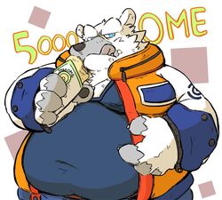  2022 anthro bear belly big_belly black_nose blue_eyes clothing eating food humanoid_hands kemono male mammal obese obese_male okudami overweight overweight_male polar_bear shirt solo tongue tongue_out topwear ursine white_body 