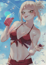  absurdres bikini blonde_hair blue_sky boku_no_hero_academia bottle breasts chibi_228 cleavage cloud day female front-tie_bikini_top front-tie_top highleg highleg_bikini highres holding holding_bottle looking_at_viewer medium_breasts messy_hair narrowed_eyes navel oerba_yun_fang outdoors red_bikini sky slit_pupils solo swimsuit toga_himiko tongue tongue_out water_drop yellow_eyes 