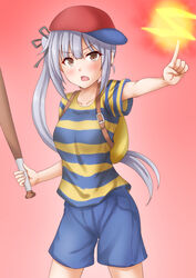  alternate_costume anti_(untea9) backpack bag baseball_bat baseball_cap blue_shirt breasts cosplay cowboy_shot energy_ball female gradient_background grey_hair hair_between_eyes hat highres kantai_collection kasumi_(kancolle) long_hair looking_at_viewer mother_(game) mother_2 ness_(mother_2) ness_(mother_2)_(cosplay) open_mouth pink_background randoseru red_hat shirt short_sleeves shorts side_ponytail small_breasts solo striped_clothes striped_shirt twitter_username yellow_eyes yellow_shirt 