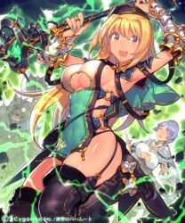  2girls :d bad_id bad_pixiv_id black_panties blonde_hair boots breasts capelet closed_eyes clothing_cutout commentary_request detached_sleeves electricity garter_straps green_nails hat jewelry kanjy00u large_breasts long_hair mina_(shingeki_no_bahamut) mona_(shingeki_no_bahamut) multiple_girls nail_polish open_mouth panties purple_hair ring shingeki_no_bahamut short_hair sideboob sideless_outfit smile solo_focus staff thigh_boots thighhighs underboob underboob_cutout underwear werewolf yellow_eyes 