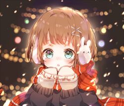  :o b_rock bad_id bad_pixiv_id brown_hair commentary_request female green_eyes hair_ornament hairclip hands_up light_particles long_sleeves looking_at_viewer mittens original red_scarf scarf short_hair solo x_hair_ornament 