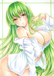  adjusting_hair arched_back between_breasts blush bottomless breasts buttons c.c. code_geass commentary_request dress_shirt female green_hair hair_between_breasts hair_between_eyes hand_in_own_hair highres large_breasts long_hair long_sleeves looking_at_viewer mimi_(mini1474) naked_shirt off_shoulder open_clothes open_shirt partially_unbuttoned shirt single_bare_shoulder solo straight_hair unbuttoned unbuttoned_shirt very_long_hair white_shirt yellow_eyes 