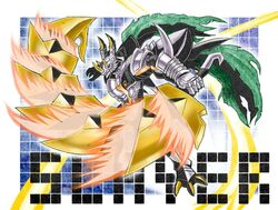  armor blue_background cape character_name commentary_request digimon digimon_(creature) dragon energy green_cape horns huge_weapon left-handed monster no_humans red_eyes slayerdramon spikes sword warrior weapon white_armor white_background yamamoto_zetta 