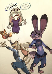  anthro buckteeth canid canine clothing dialogue dipstick_ears dipstick_tail disney ear_markings english_text fan_character female fox fur grey_body grey_fur group judy_hopps lagomorph leporid mammal markings multicolored_ears multicolored_tail open_mouth police police_uniform rabbit scut_tail short_tail simple_background tail tail_markings teeth text toeless_legwear uniform xx-junglebeatz-xx young young_anthro zootopia 