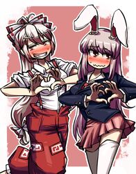  2girls 4-fingers_heart_hands ahoge animal_ears awa_(bihidasu) blush bow brown_background clenched_teeth commentary_request cowboy_shot embarrassed eyebrows fujiwara_no_mokou hairbow heart heart_hands long_hair looking_to_the_side low-tied_long_hair multiple_girls necktie pants pleated_skirt purple_hair rabbit_ears red_eyes red_necktie reisen_udongein_inaba shirt simple_background skirt sleeves_pushed_up suspenders sweatdrop teeth thighhighs touhou two-tone_background very_long_hair wavy_mouth white_background white_hair white_legwear zettai_ryouiki 