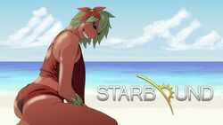  16:9 2016 ass beach black_eyes blue_eyes breasts clothed clothing cloud detailed_background elemental_creature elemental_humanoid female flora_fauna floran hair humanoid lilith_(leomutt) not_furry outside plant plant_humanoid red_body red_skin sand sea seaside sky smile solo standing_tough starbound teeth text underwear water widescreen 