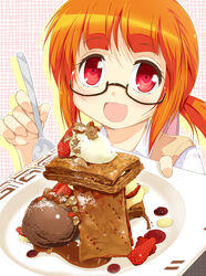  :d blush commentary_request dessert female food food_focus glasses happy ice_cream kuriyama_yumino mikuri_gakuen_sweets-bu mille-feuille open_mouth orange_hair plate ponytail porurin red_eyes short_hair smile solo spoon 