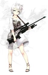  animal_ears blaser_r93 blue_eyes bolt_action cat_ears commentary_request dress female gorilla_(bun0615) grey_eyes gun hair_ornament hairpin highres holding looking_at_viewer original rifle see-through_silhouette shirt short_hair sniper_rifle solo t-shirt weapon white_hair 