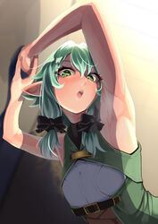  armpits arms_up atatatamu blush commentary_request elbow_gloves elf female gloves goblin_slayer! green_eyes green_hair high_elf_archer_(goblin_slayer!) looking_at_viewer open_mouth pointy_ears sleeveless solo sweat 