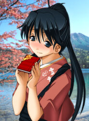  black_hair blue_eyes blurry blush box cherry_blossoms chocolate commentary_request depth_of_field female gift gift_box hakama hakama_skirt houshou_(kancolle) japanese_clothes kantai_collection keito_(keito-ya) kimono long_hair mountain pink_kimono ponytail skirt smile solo tasuki tree valentine water 