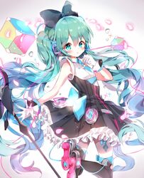  :o b_rock bad_id bad_pixiv_id bare_shoulders black_bow black_dress black_footwear blue_eyes blue_hair blue_necktie blush boots bow commentary_request cube dress female glint gloves hairbow hand_up hatsune_miku long_hair looking_at_viewer looking_back necktie parted_lips petals solo thigh_boots thighhighs twintails twisted_torso very_long_hair vocaloid white_gloves 