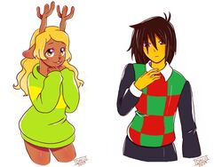  4:3 anthro antlers better_version_at_source blonde_hair clothed clothing deer deltarune digital_media_(artwork) duo female fur hair horn human kfdacc_(artist) kris_(deltarune) mammal new_world_deer noelle_holiday reindeer simple_background teeth undertale_(series) 