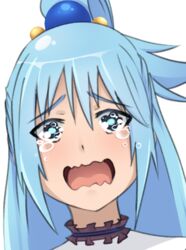  aqua_(konosuba) bad_id bad_pixiv_id blue_eyes blue_hair female green_kaminari kono_subarashii_sekai_ni_shukufuku_wo! long_hair looking_at_viewer open_mouth ponytail portrait simple_background solo tears wavy_mouth white_background 