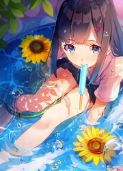  black_hair blue_eyes commentary_request female flower food hair_ornament hairclip hairpin hose long_hair long_legs looking_at_viewer looking_up original pleated_skirt popsicle skirt solo sunflower water yasumo_(kuusouorbital) 