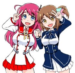  2girls ahoge blue_eyes bow breasts brown_hair commentary_request cosplay costume_switch crossover etou_kanami etou_kanami_(cosplay) hair_ornament hair_ribbon hondo_kaede large_breasts long_hair minamoto_sakura minamoto_sakura_(cosplay) minoseki_gakuin_uniform multiple_girls one_side_up pink_hair red_eyes red_hair ribbon school_uniform short_hair toji_no_miko v voice_actor_connection yonecchi zombie_land_saga 