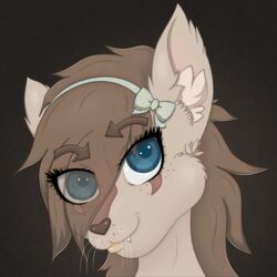  1:1 2019 accessory anthro badger bandi_(character) bangs blue_eyes blush brown_body brown_fur brown_hair brown_nose close-up clothed clothing cute_fangs digital_media_(artwork) eyelashes fangs female freckles fur hair headband heart_nose heart_symbol hybrid inner_ear_fluff lip_gloss looking_at_viewer mammal markings mustelid musteline ribbons simple_background smile solo stripes teeth tuft whiskers zoel_no_one 