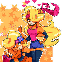  2017 accessory activision anthro bandicoot bare_shoulders black_nose blonde_hair clothing coco_bandicoot computer crash_(series) davix-ilustrador digital_drawing_(artwork) digital_media_(artwork) duo electronics female fingerless_gloves flower flower_in_hair fur gloves hair hair_accessory handwear headband heart_symbol laptop long_hair mammal marsupial orange_body orange_fur outline plant smile tawna_bandicoot 