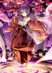  armpits branch breasts commentary_request detached_sleeves female floating hakama hakama_skirt hanyuu highres higurashi_no_naku_koro_ni horns japanese_clothes kuusou_ryodan leaf long_hair long_sleeves looking_at_viewer miko photoshop_(medium) purple_background purple_hair red_eyes red_hakama rock sandals sideboob skirt small_breasts smile socks water zouri 