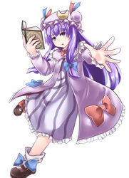  blue_bow blue_ribbon book bow commentary crescent crescent_hat_ornament dress female frilled_dress frilled_sleeves frills full_body hair_ribbon hat hat_ornament hat_ribbon highres koro_(cookie) long_hair looking_at_viewer mob_cap open_mouth patchouli_knowledge purple_eyes purple_hair red_bow red_ribbon ribbon simple_background solo striped touhou very_long_hair white_background 